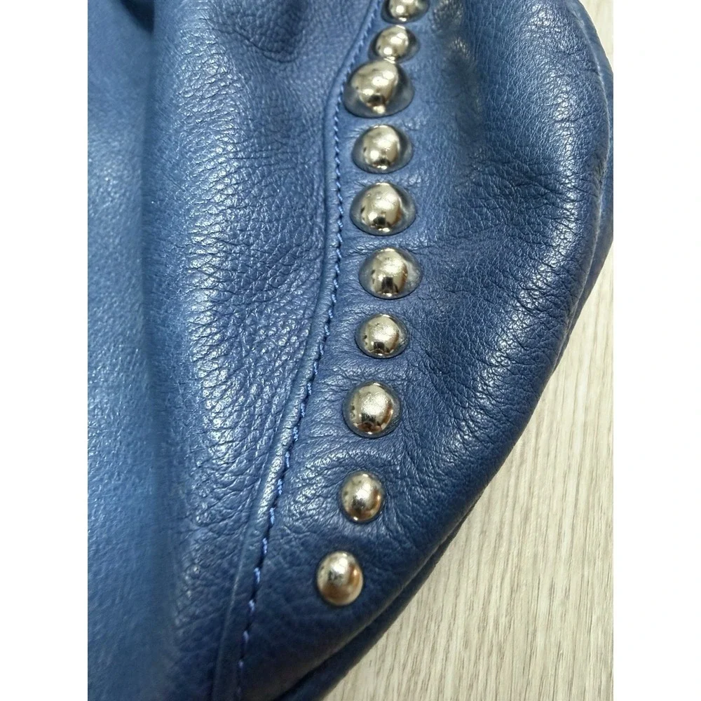 B Makowsky Blue Pebbled 100% Genuine Leather Studded Hobo Bag Purse Grunge Punk